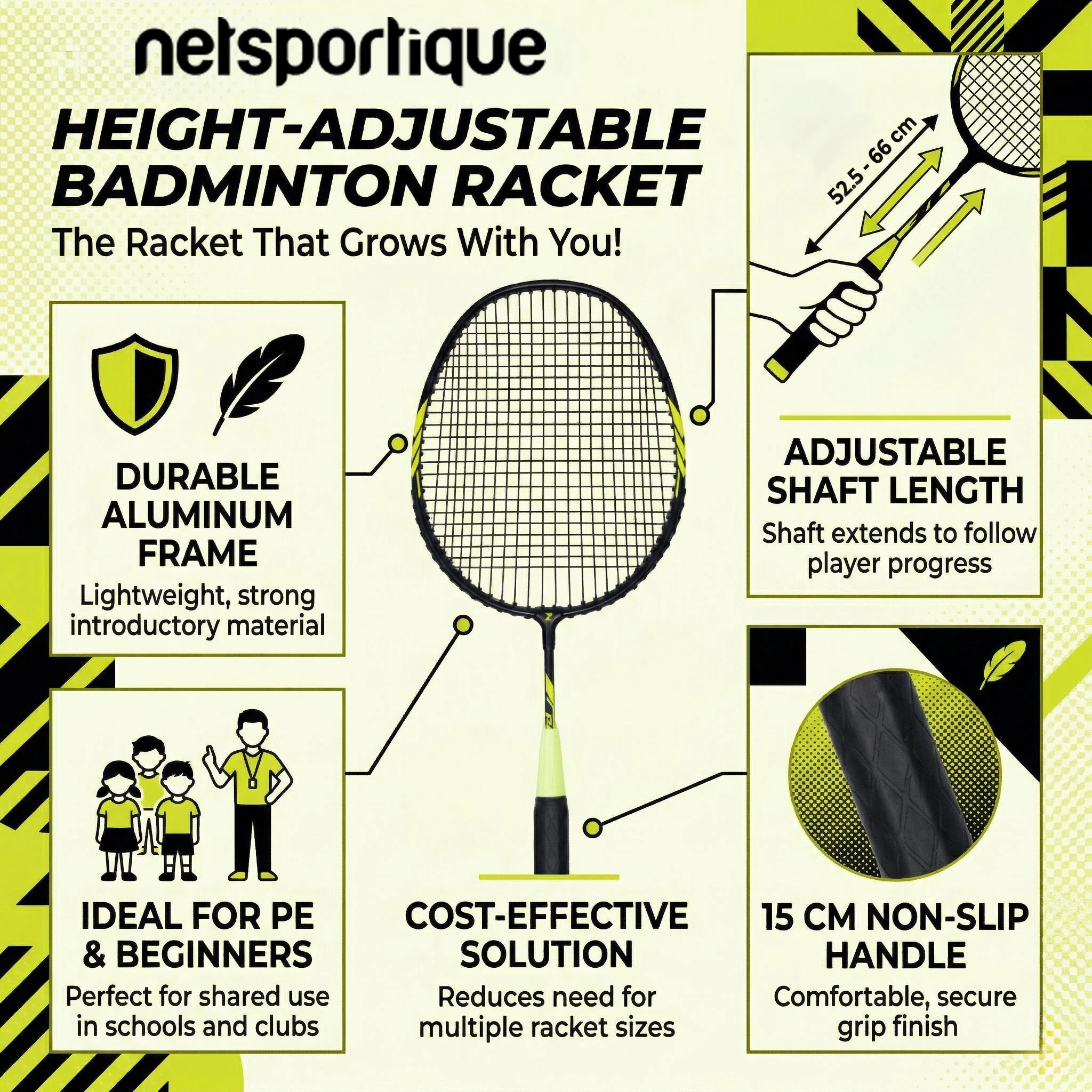 An infographic for a netsportique height-adjustable badminton racket, showing a central racket with callout lines and text boxes explaining features like durable aluminum frame, adjustable shaft length, cost-effective solution, and non-slip handle.