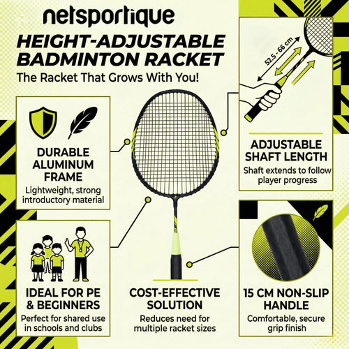An infographic for a netsportique height-adjustable badminton racket, showing a central racket with callout lines and text boxes explaining features like durable aluminum frame, adjustable shaft length, cost-effective solution, and non-slip handle.