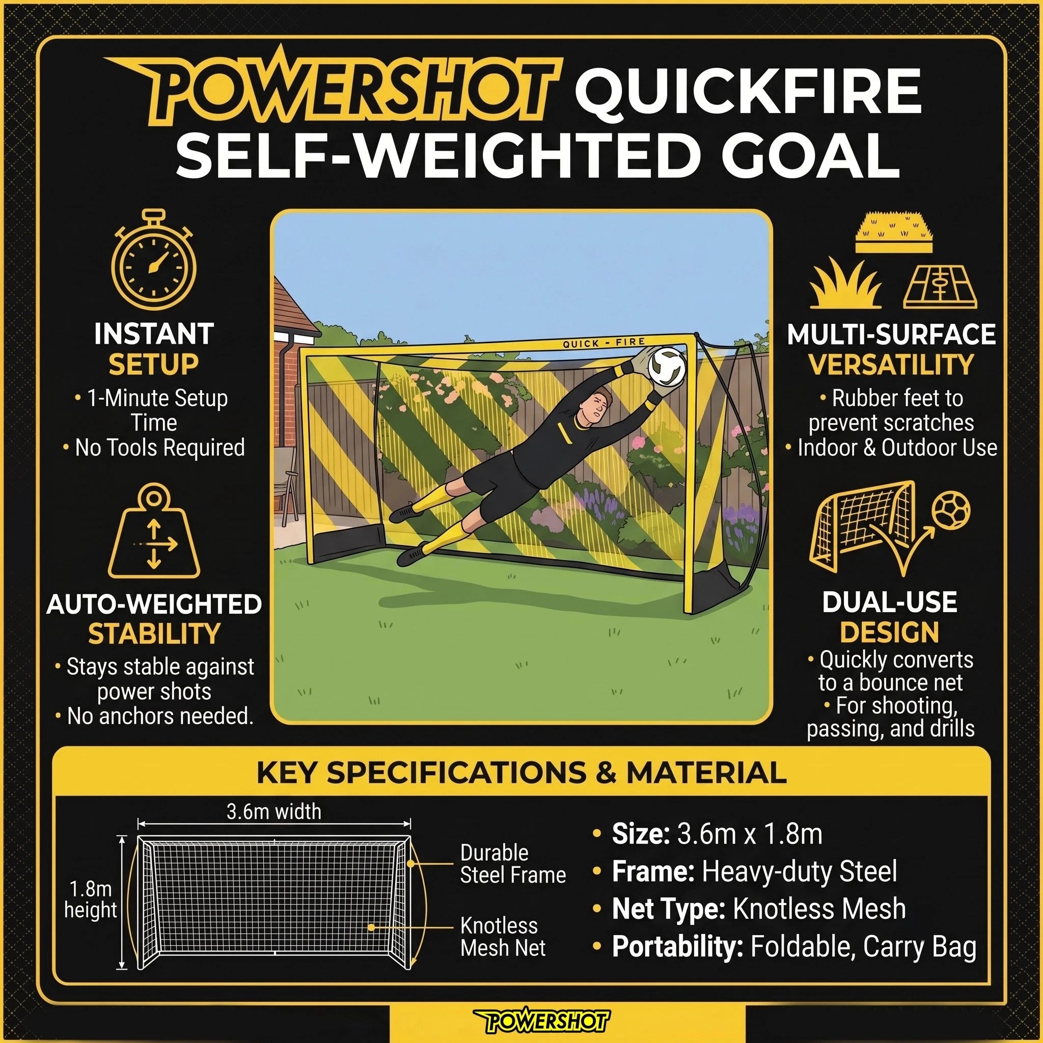 Portería de fútbol Quickfire - 3,6 x 1,8m - autolastrada