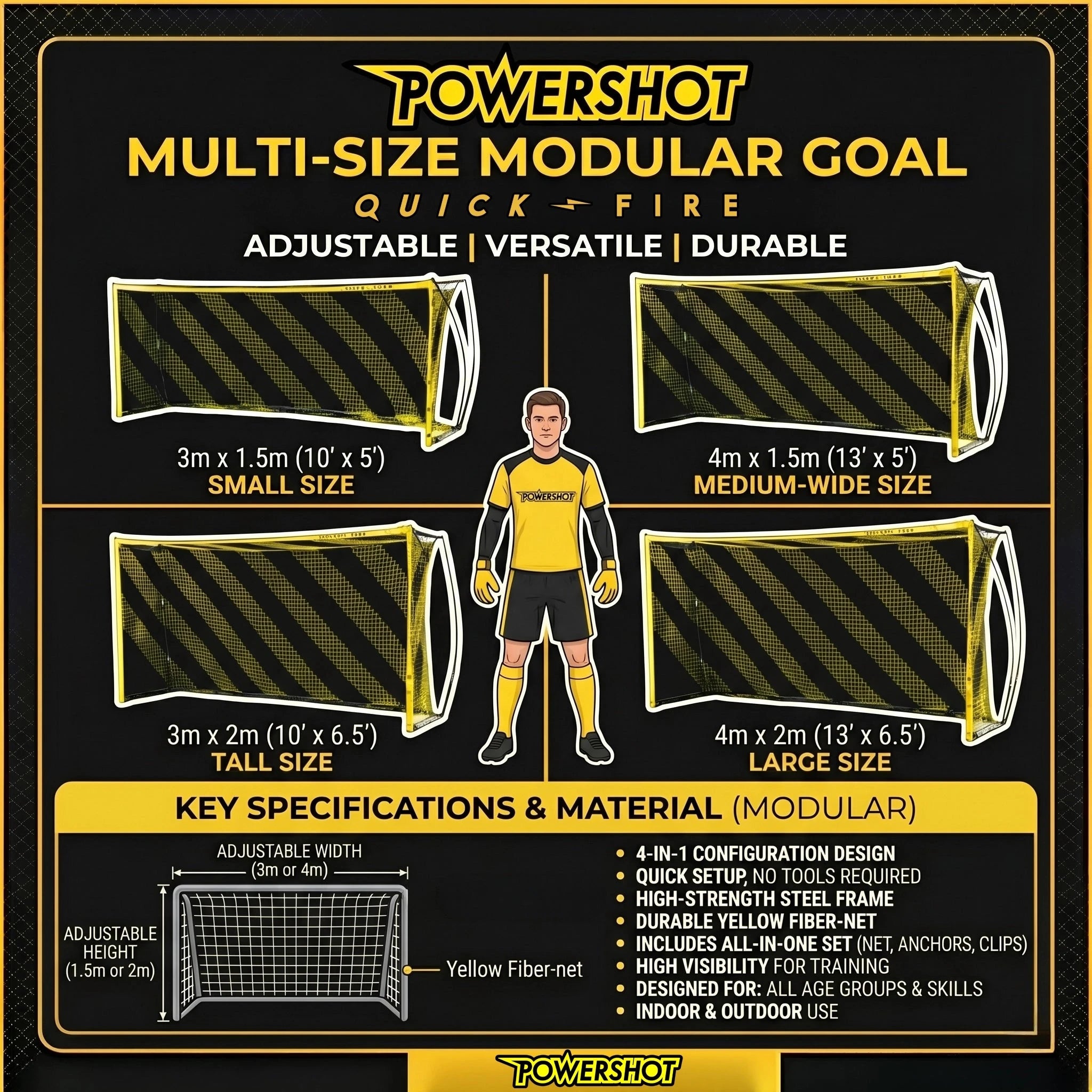 Portería de fútbol modular QuickFire 3/4m x 1,5/2m