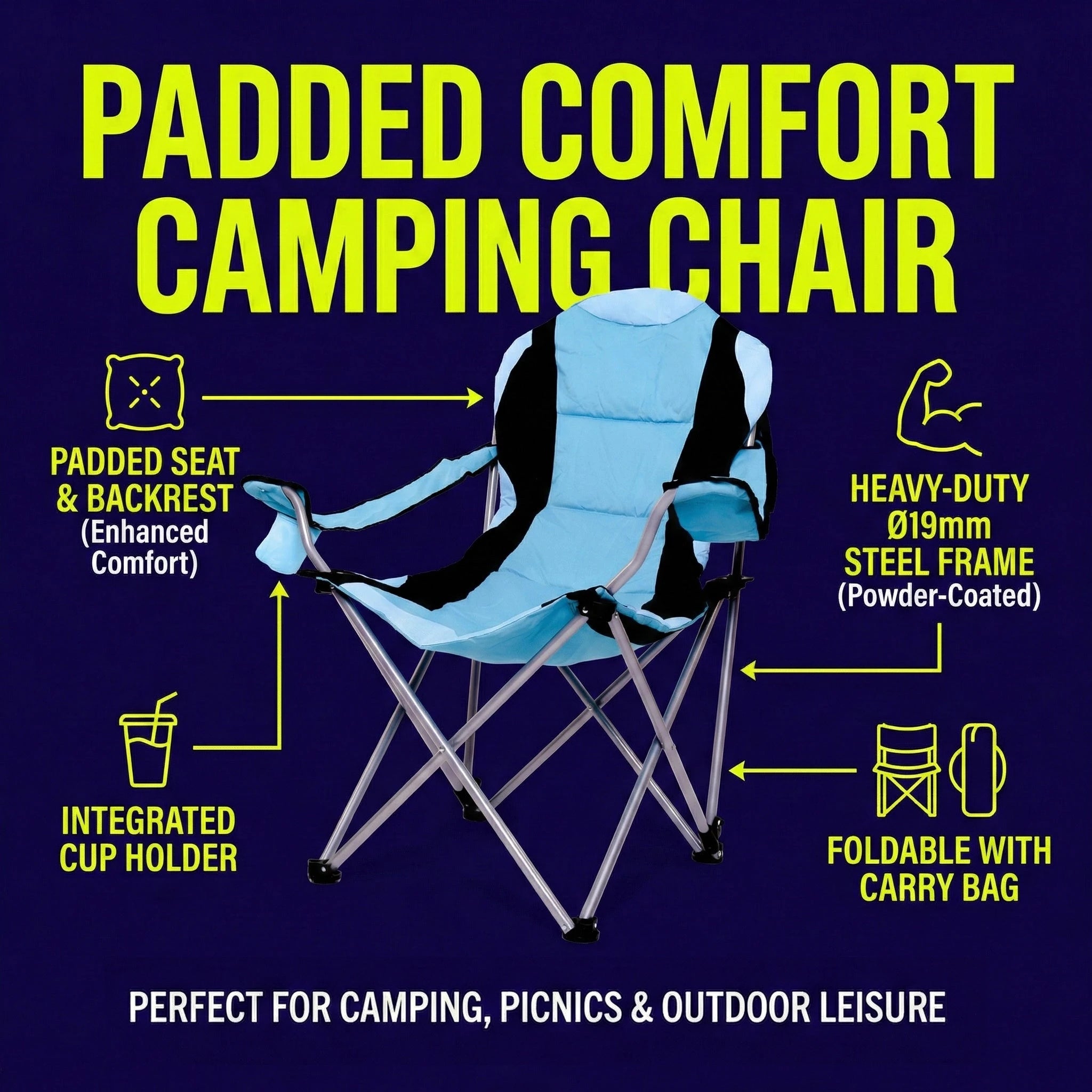 Padded camping chair with cup holder and carry bag Powershot