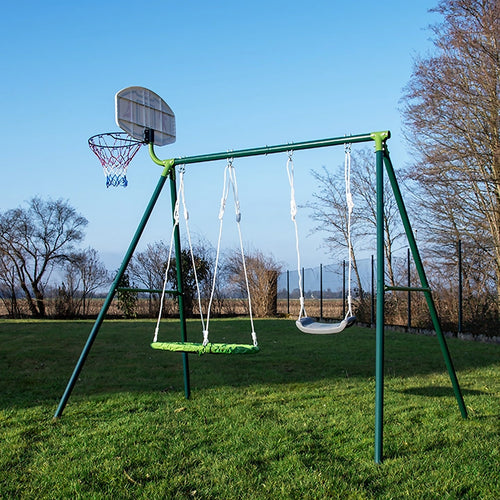 Two-station swing with basketball hoop Powershot