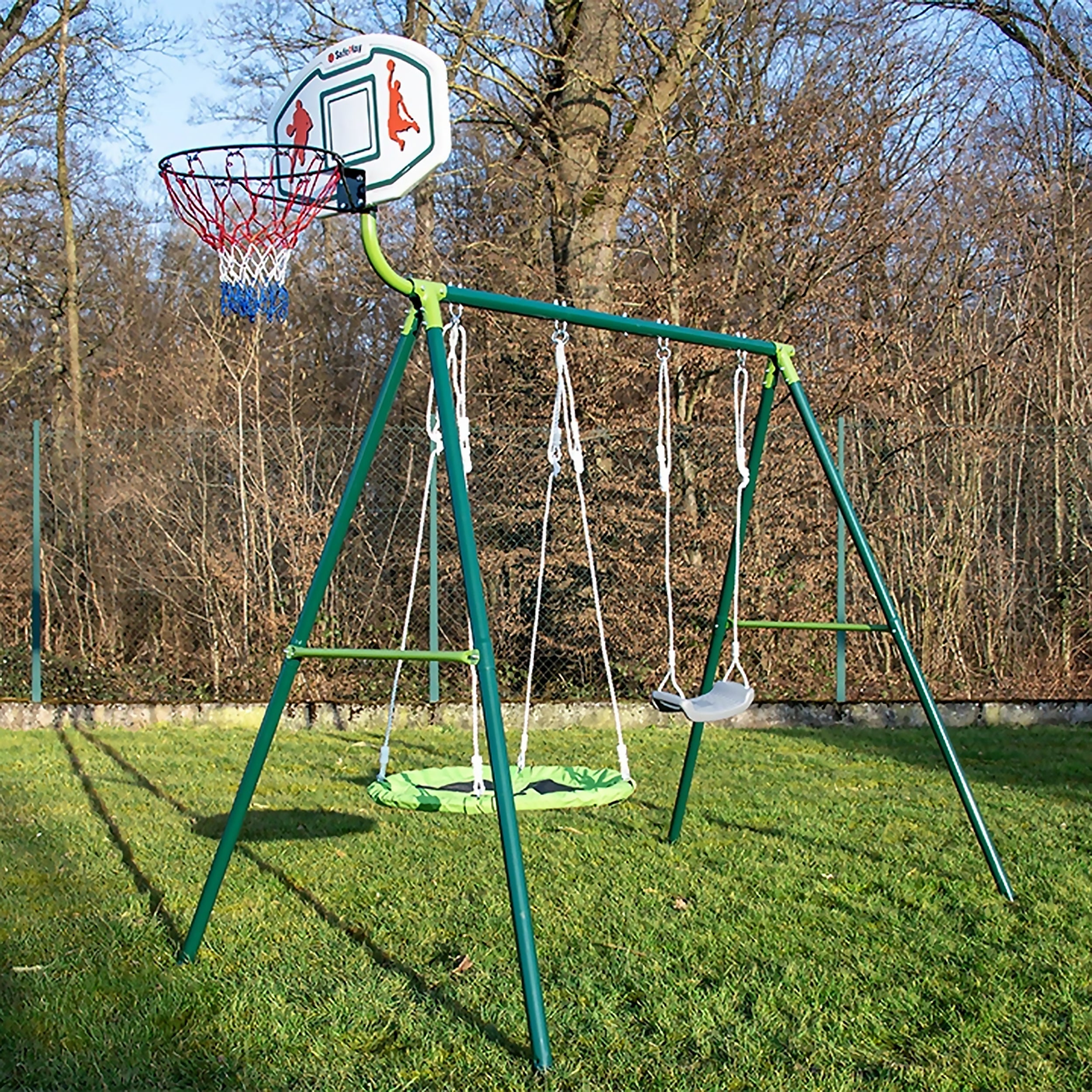 Two-station swing with basketball hoop Powershot