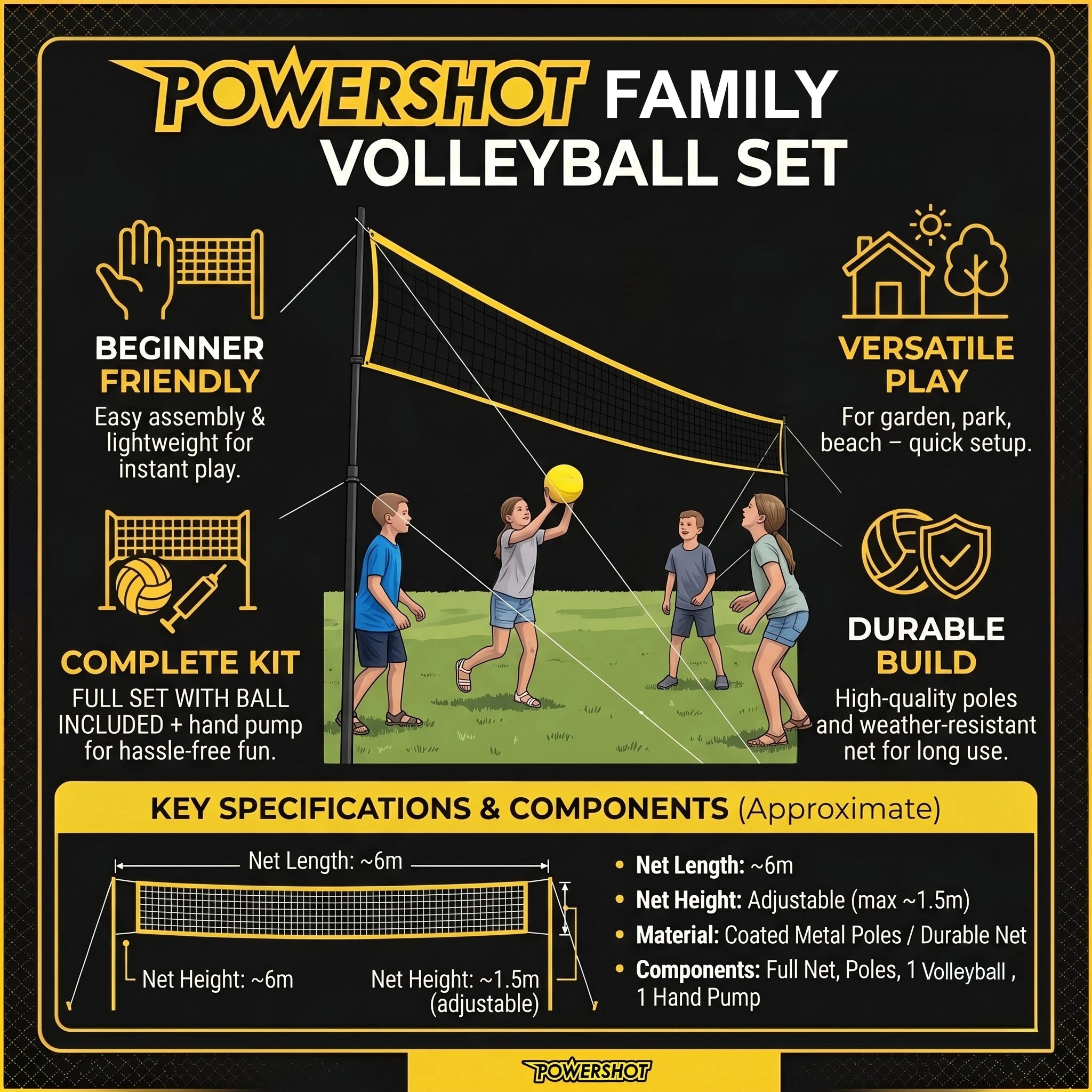 Set de voleibol 6m - Con postes, red, balón y bomba