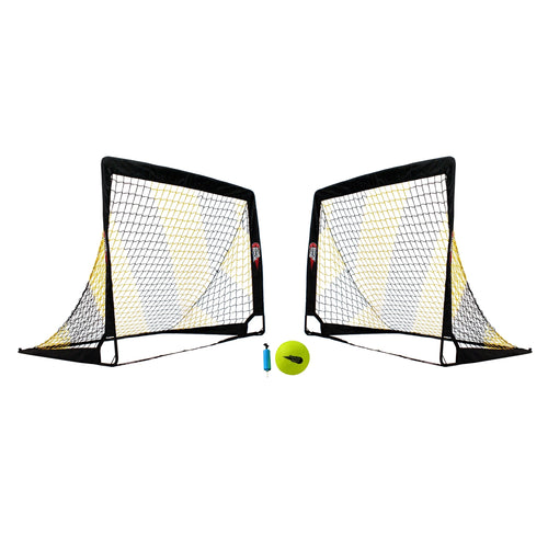 Two football goals with a ball and pump on a white background